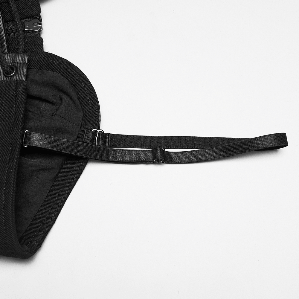 Alt Tag: Black Buckle Corset Top with Lace Up Back Detail close-up of black strap and buckle hardware, cyberpunk industrial accessory detail