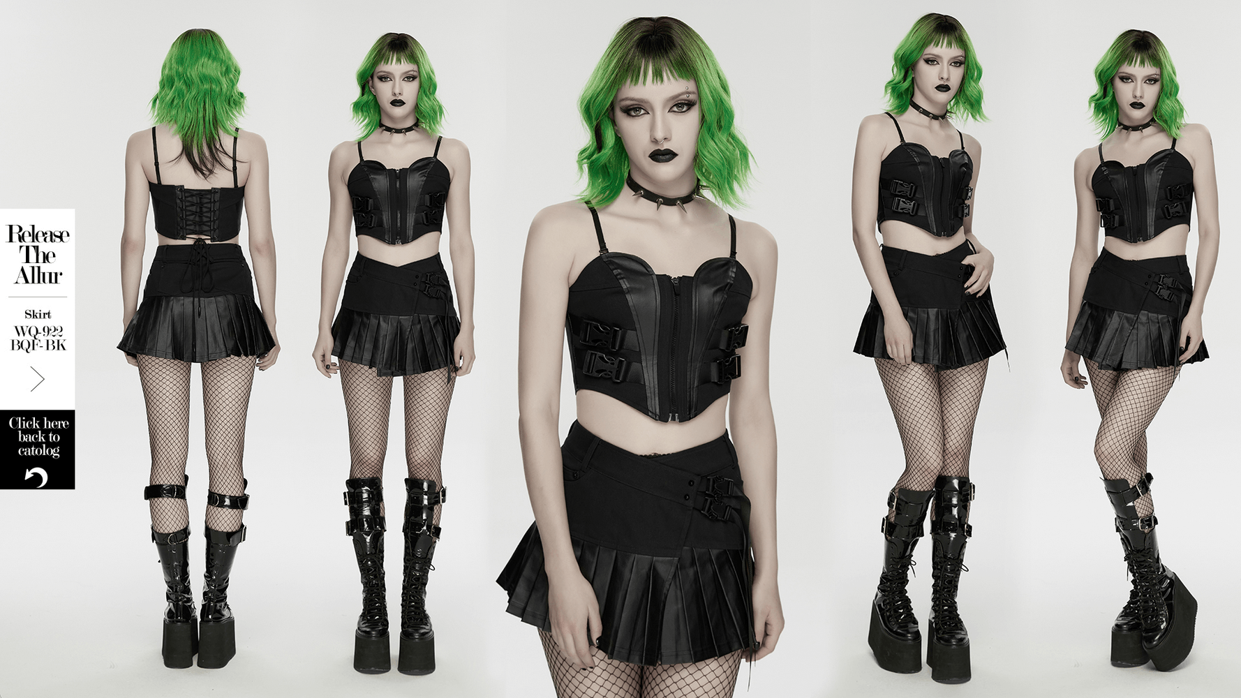 Black Buckle Corset Top with Lace Up Back Detail on model, black zip-front cyberpunk bustier with straps, buckles, pleated skirt and boots