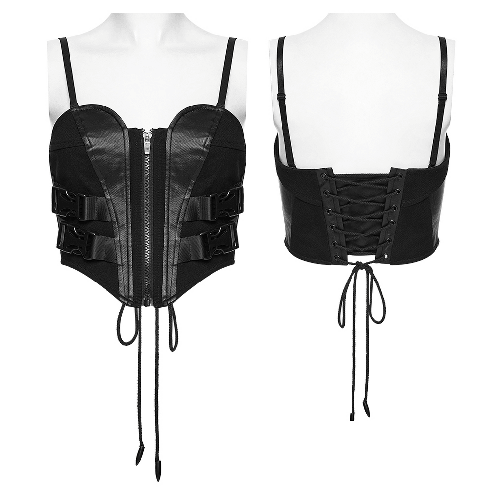 Alt Tag: Black Buckle Corset Top with Lace Up Back Detail, front zip cyberpunk bustier with side buckles and lace-up back