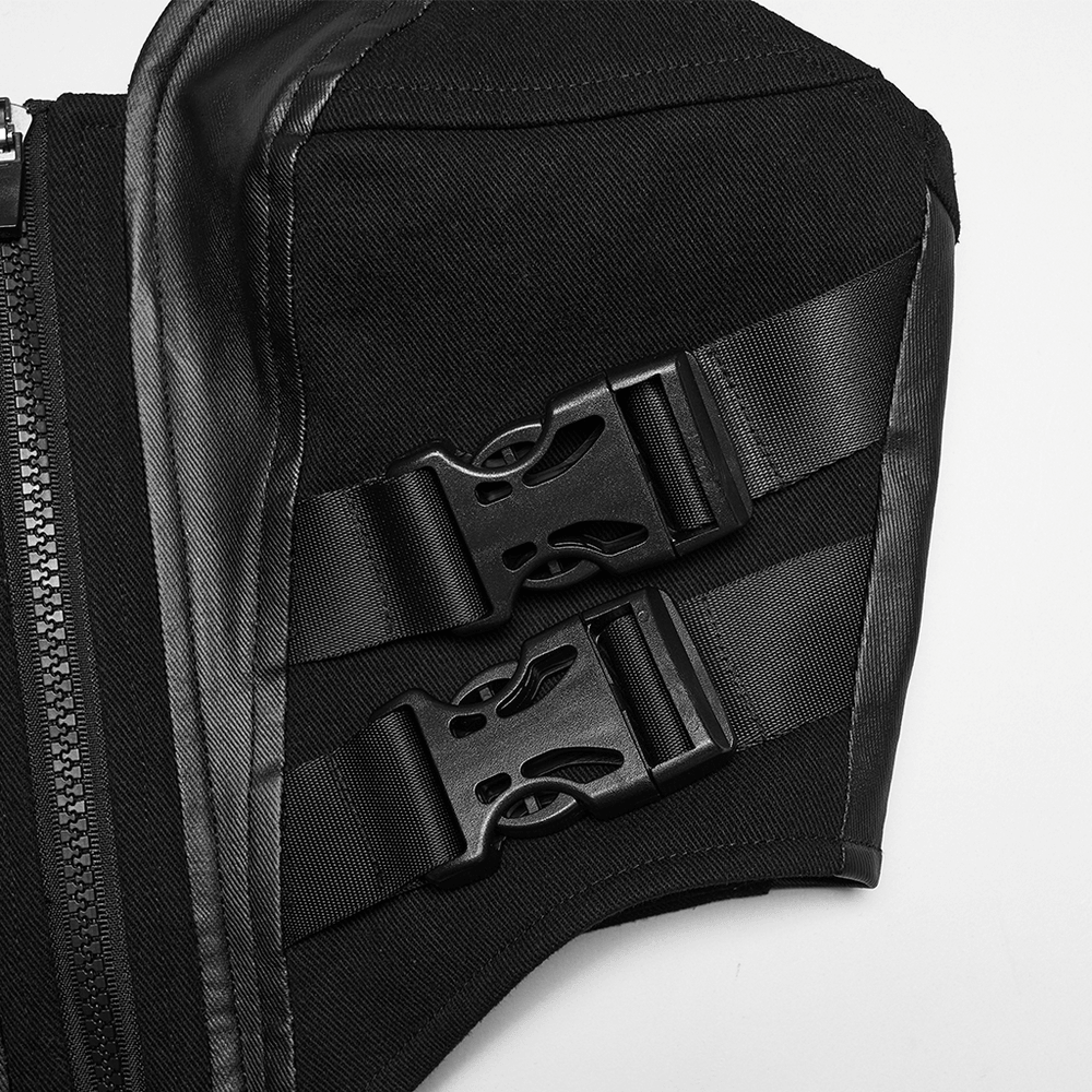 Black Buckle Corset Top with Lace Up Back Detail close-up of side buckle straps and zip front, edgy cyberpunk gothic festival top