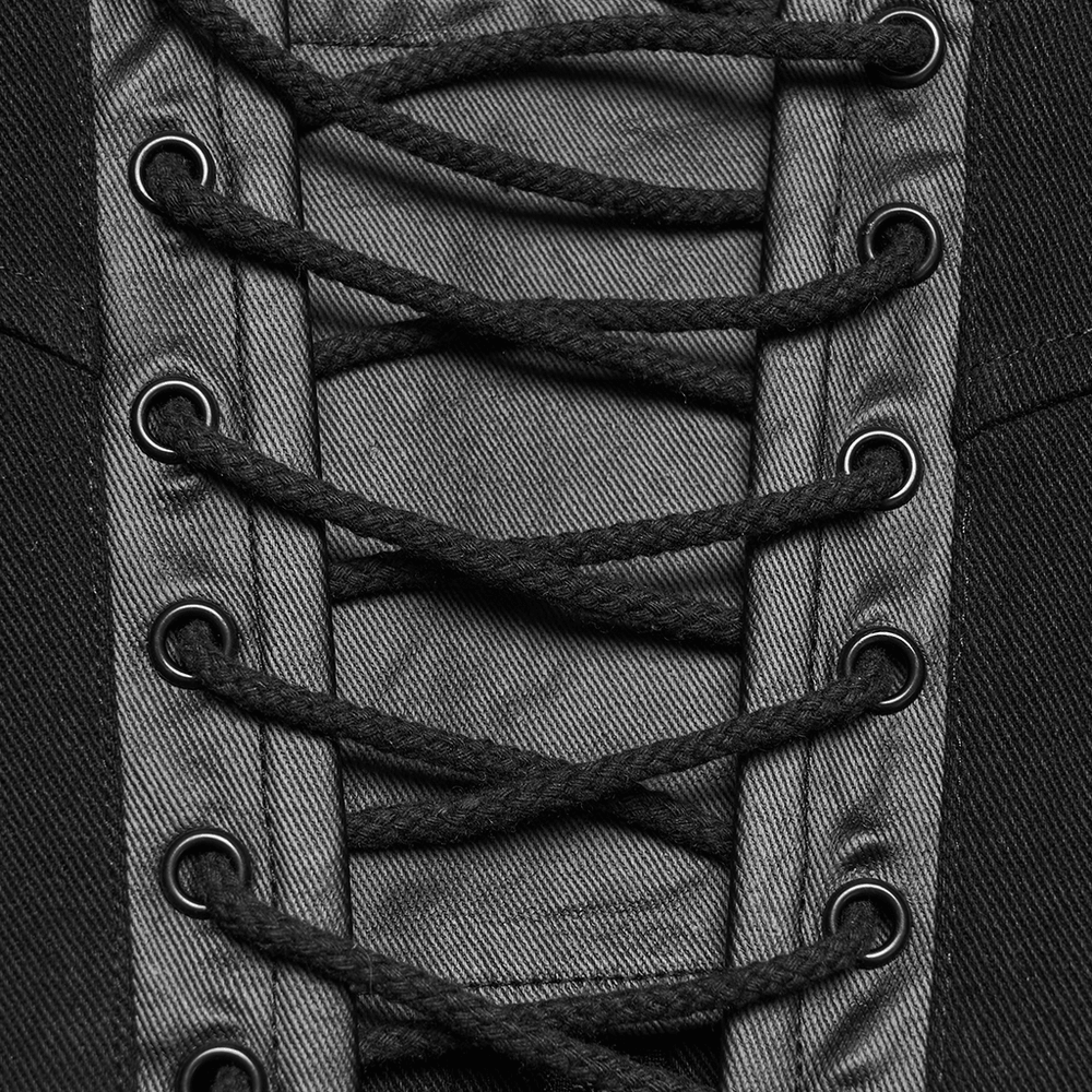 Alt Tag: Black Buckle Corset Top with Lace Up Back Detail close-up of lace-up back with grommets and crisscross lacing