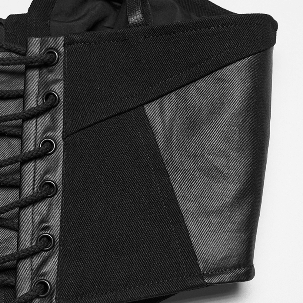 Alt Tag: Black Buckle Corset Top with Lace Up Back Detail close-up of black corset side panel with lacing and sleek cyberpunk texture