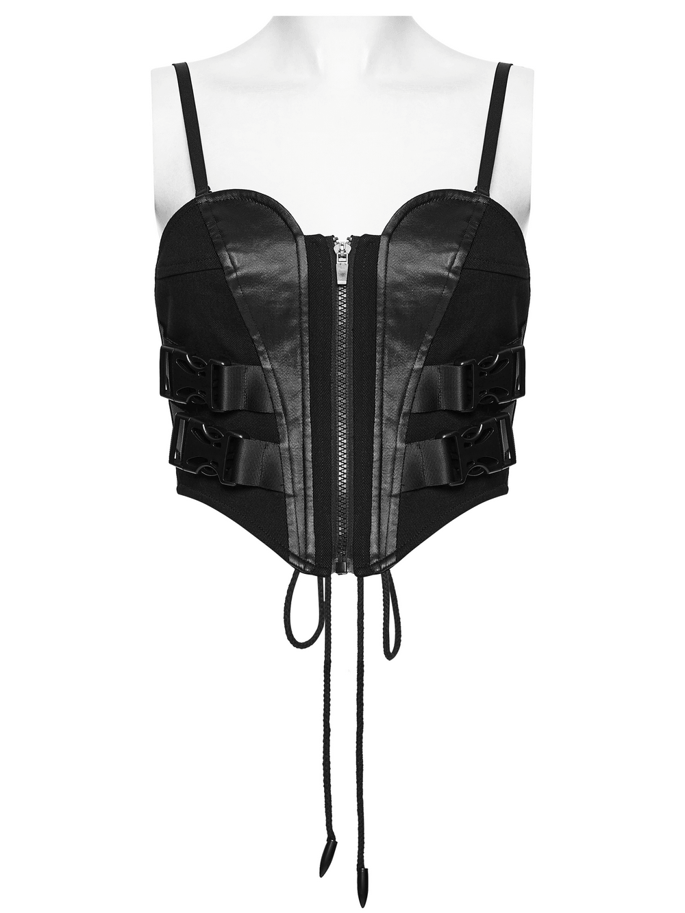 Alt Tag: Black Buckle Corset Top with Lace Up Back Detail with zip front, adjustable straps, and side buckle details in black