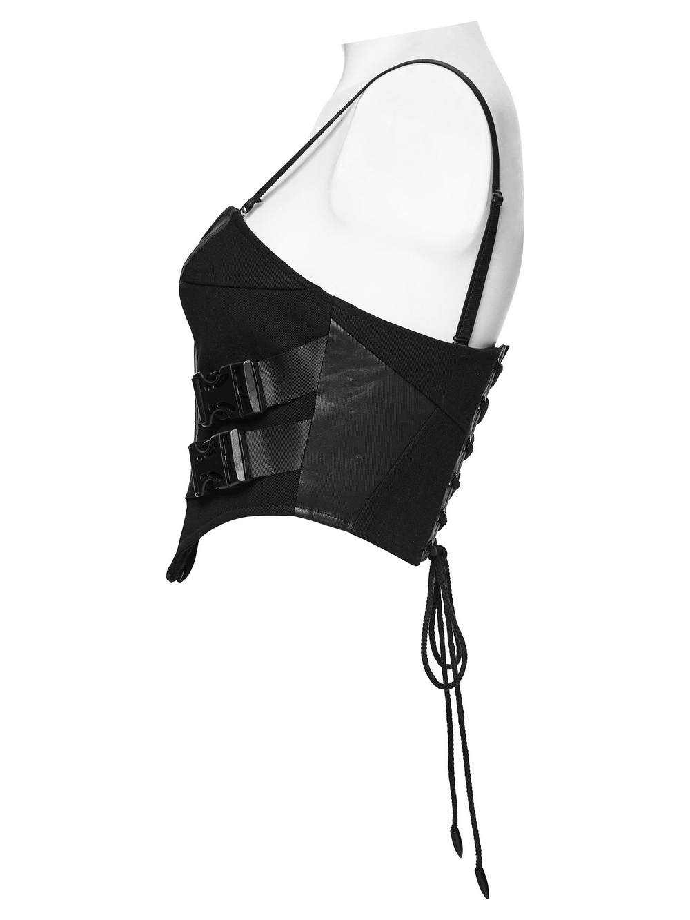 Alt Tag: Black Buckle Corset Top with Lace Up Back Detail cyberpunk bustier with front zip, shoulder straps, side buckles, and lace-up back