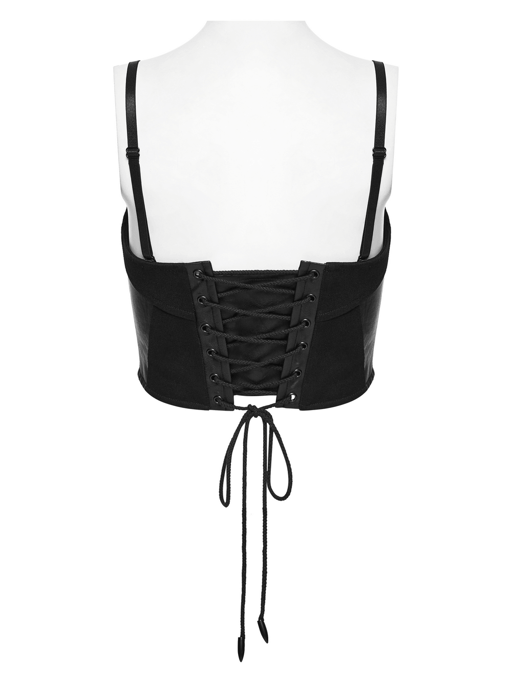 Alt Tag: Black Buckle Corset Top with Lace Up Back Detail back view, black cyberpunk bustier with lace-up back and adjustable straps