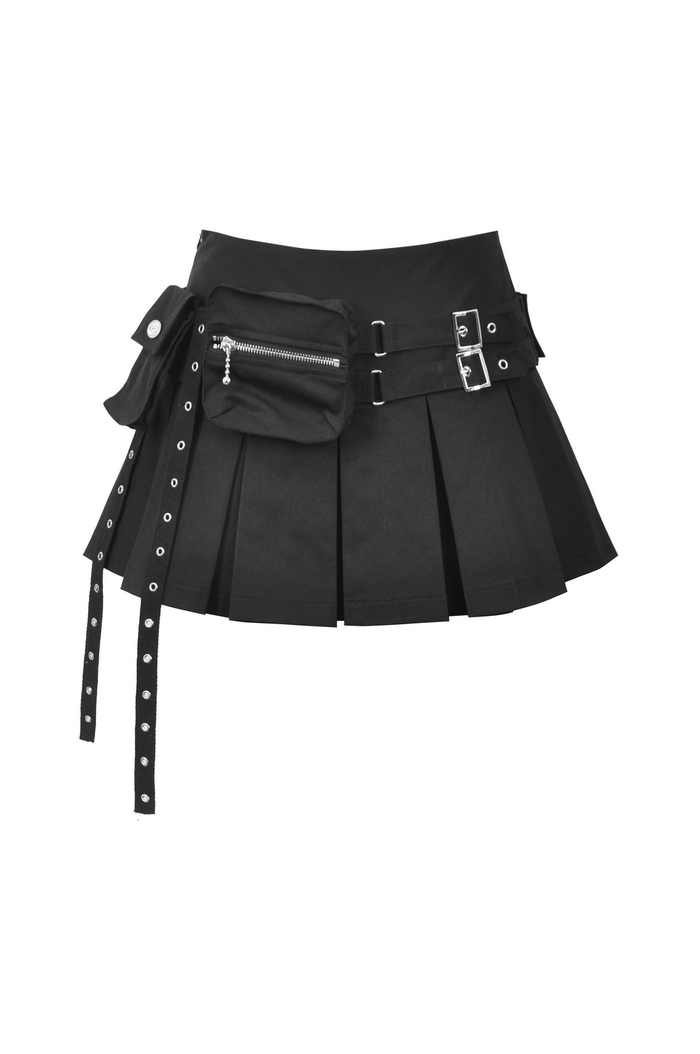 Edgy black buckle mini skirt with pleats and side zipper, perfect for stylish outfits and adding a bold touch.