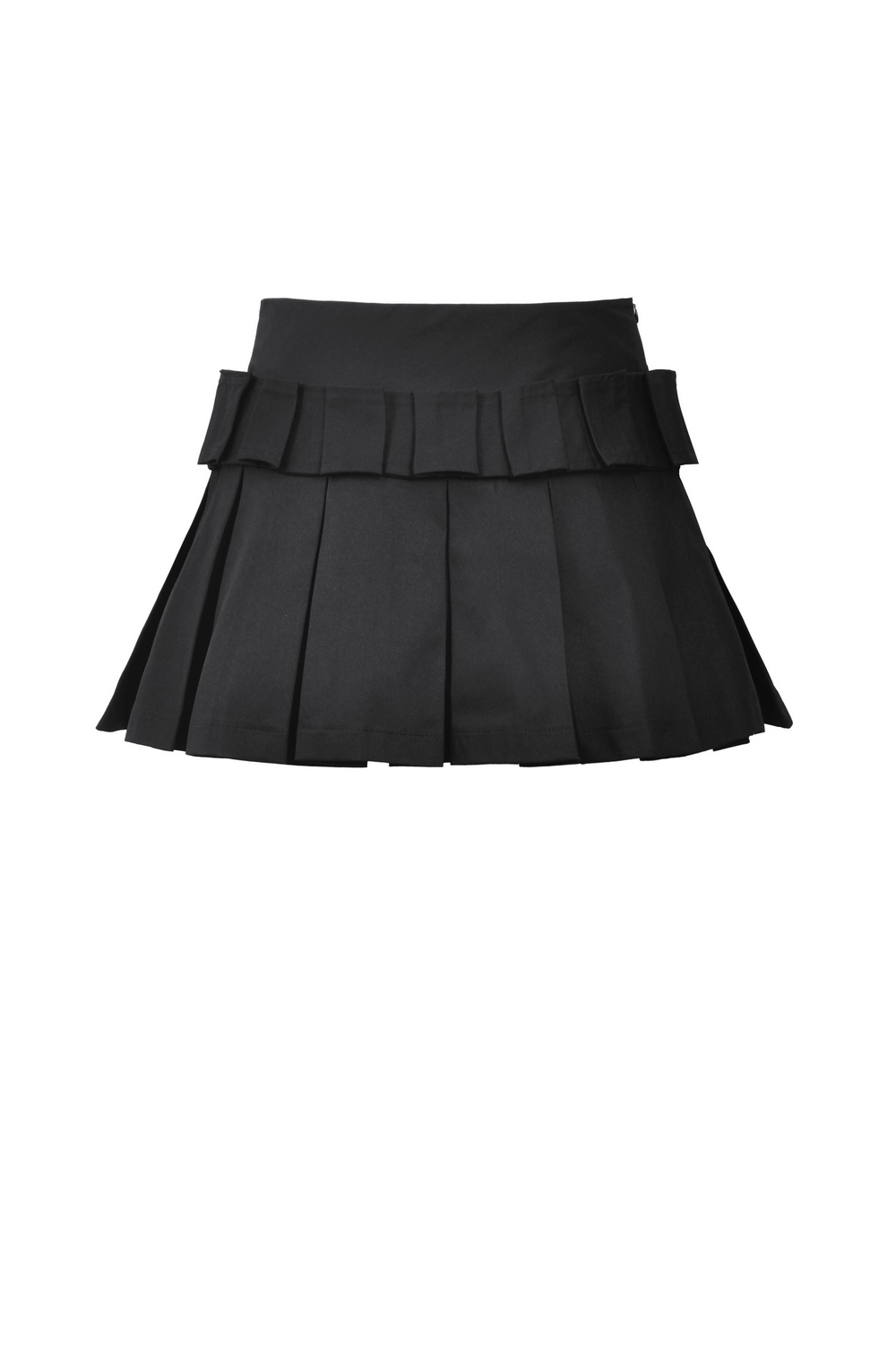 Black pleated mini skirt with buckle accents and side zipper for easy wear, perfect for edgy style.