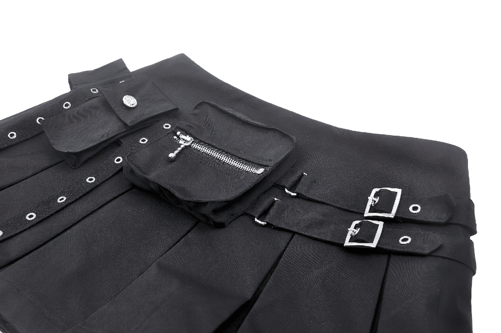 Edgy black mini skirt with buckle accents and side zipper for stylish outfits.