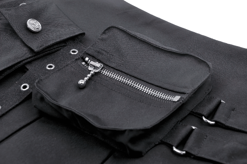 Black Buckle Mini Skirt - Side Zipper Pleated Design