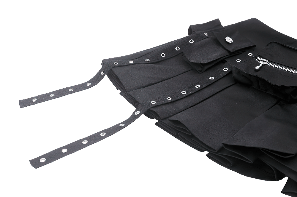 Black Buckle Mini Skirt - Side Zipper Pleated Design