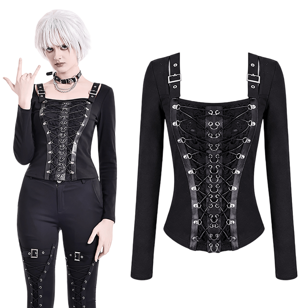 Black Buckle Strap Top with Gothic Corset Lace-Up Front, black women's gothic long-sleeve top with buckles and lace-up corset front