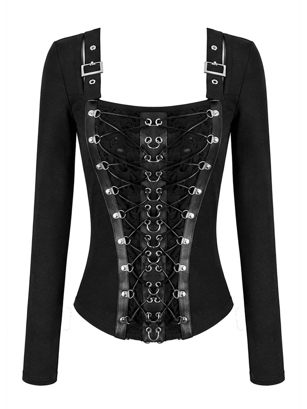 Black Buckle Strap Top with Gothic Corset Lace-Up Front, women's long-sleeve punk goth top with buckles and lace-up detailing