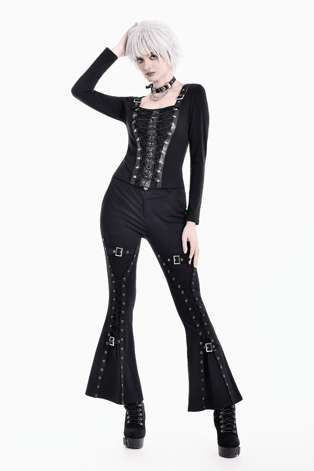 Black Buckle Strap Top with Gothic Corset Lace-Up Front, women's gothic long-sleeve black top with buckles and lace-up front