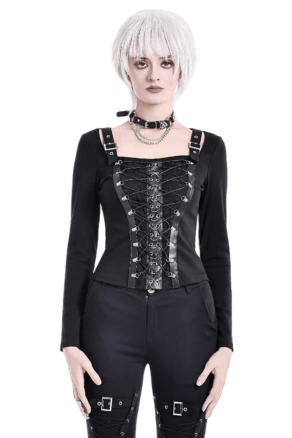 Black Buckle Strap Top with Gothic Corset Lace-Up Front women's long-sleeve punk goth top with buckles and faux leather trim