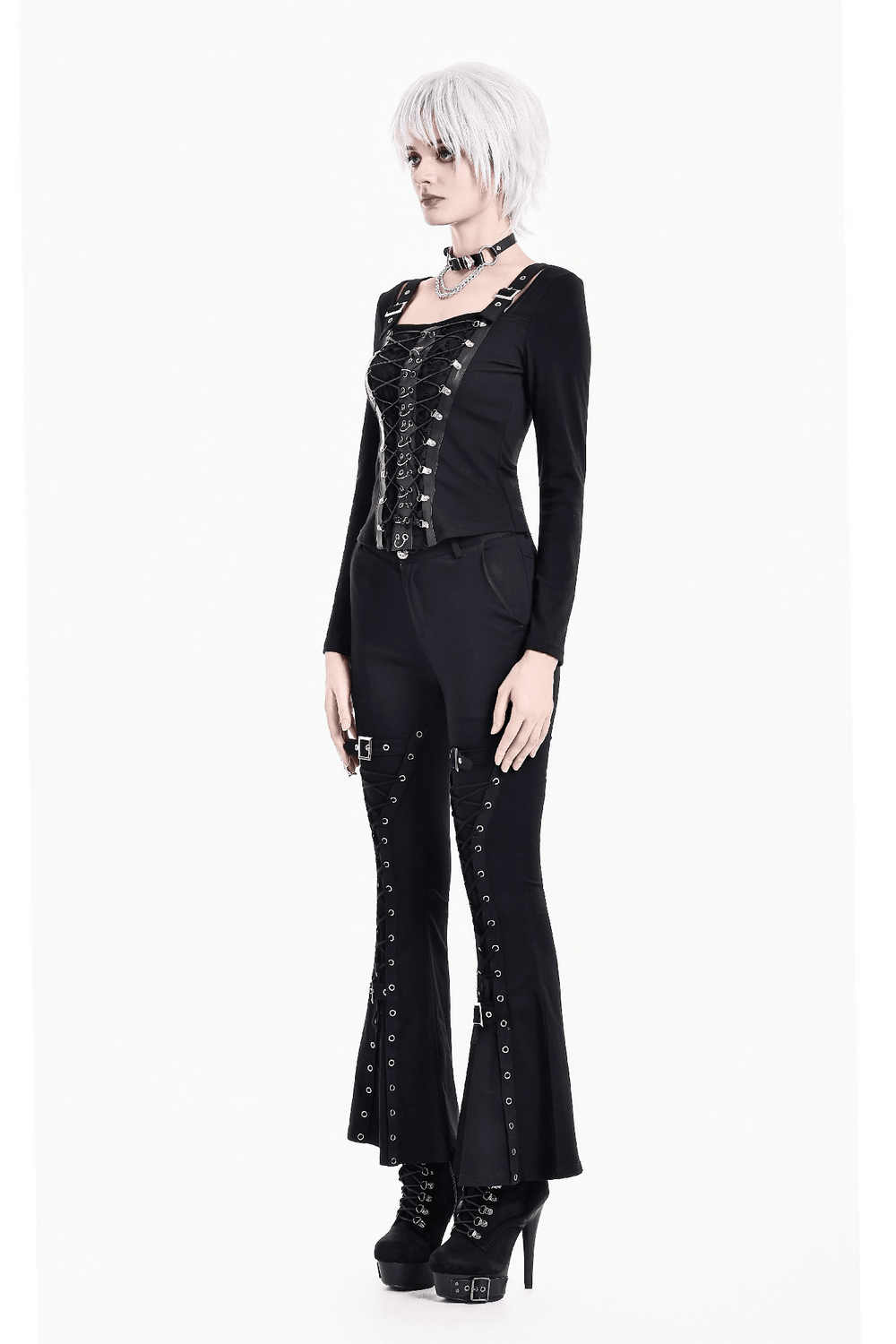 Black Buckle Strap Top with Gothic Corset Lace-Up Front, fitted long-sleeve black gothic top with buckle straps and lace-up front