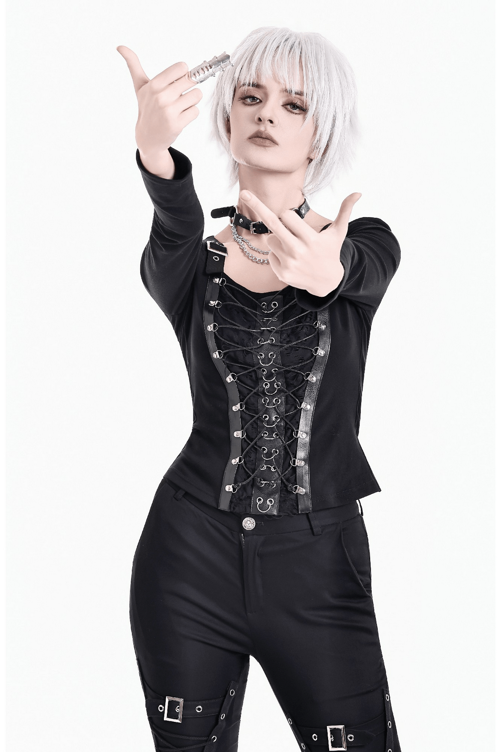 Black Buckle Strap Top with Gothic Corset Lace-Up Front, edgy women's punk gothic style with metal buckles and lace-up detail