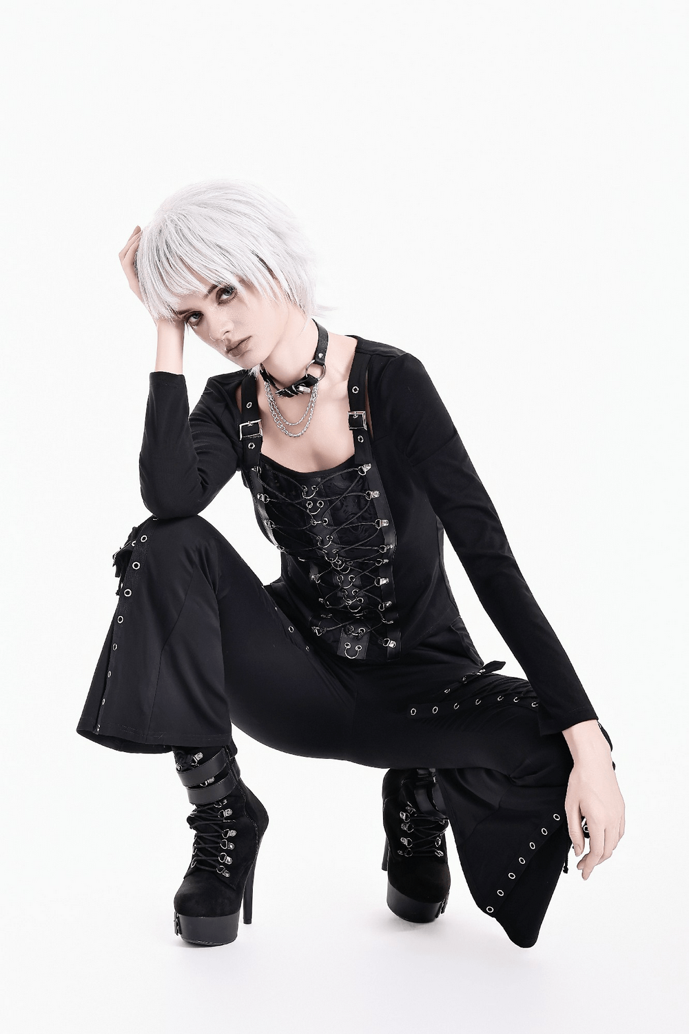 Black Buckle Strap Top with Gothic Corset Lace-Up Front, dark punk women's top with buckles and lace-up detail