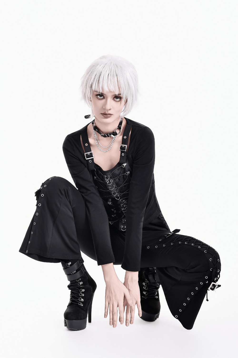 Black Buckle Strap Top with Gothic Corset Lace-Up Front, women's punk goth top with buckles and lace-up detail