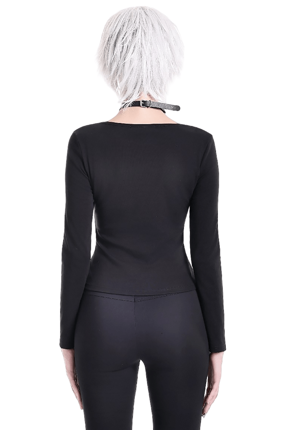Black Buckle Strap Top with Gothic Corset Lace-Up Front, fitted black long-sleeve goth top with buckle choker and sleek back view