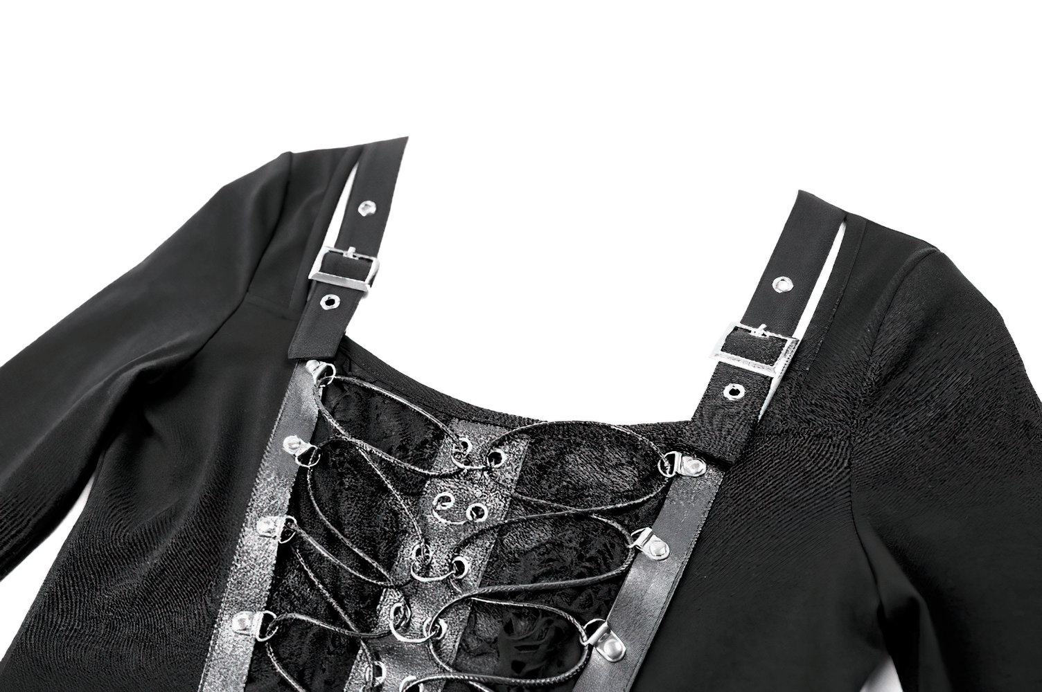 Black Buckle Strap Top with Gothic Corset Lace-Up Front, women's black punk gothic long-sleeve top with buckle straps and lace-up detail