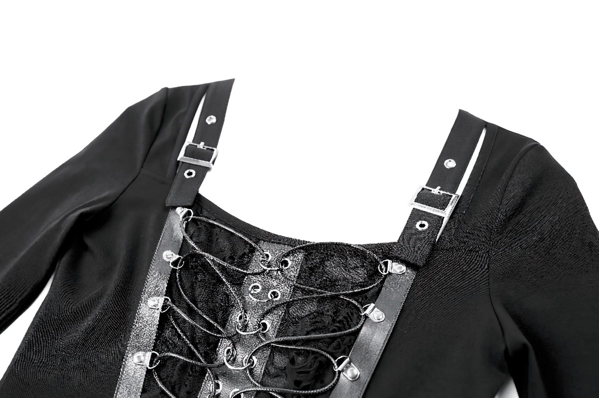 Black Buckle Strap Top with Gothic Corset Lace-Up Front, women's black punk gothic long-sleeve top with buckle straps and lace-up detail