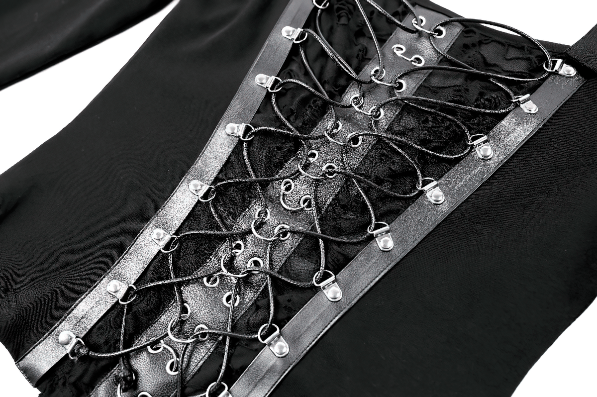 Black Buckle Strap Top with Gothic Corset Lace-Up Front, punk black long-sleeve top with buckle straps and lace-up detail