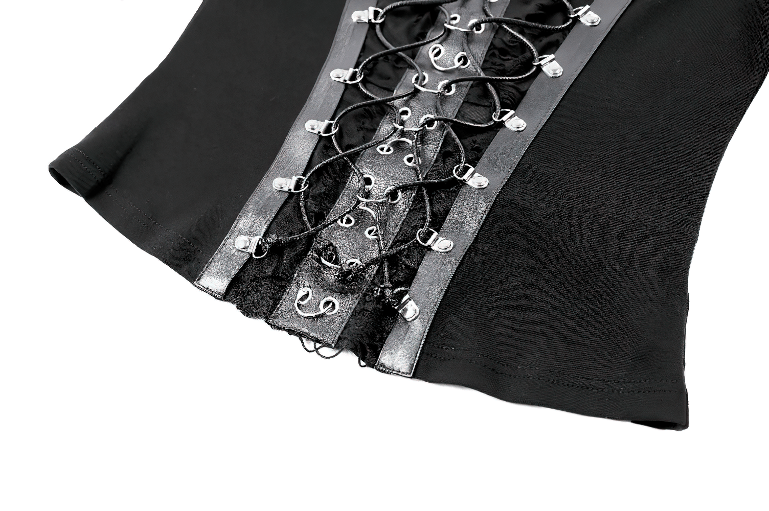 Black Buckle Strap Top with Gothic Corset Lace-Up Front, women's black gothic long-sleeve top with buckle straps and lace-up detail