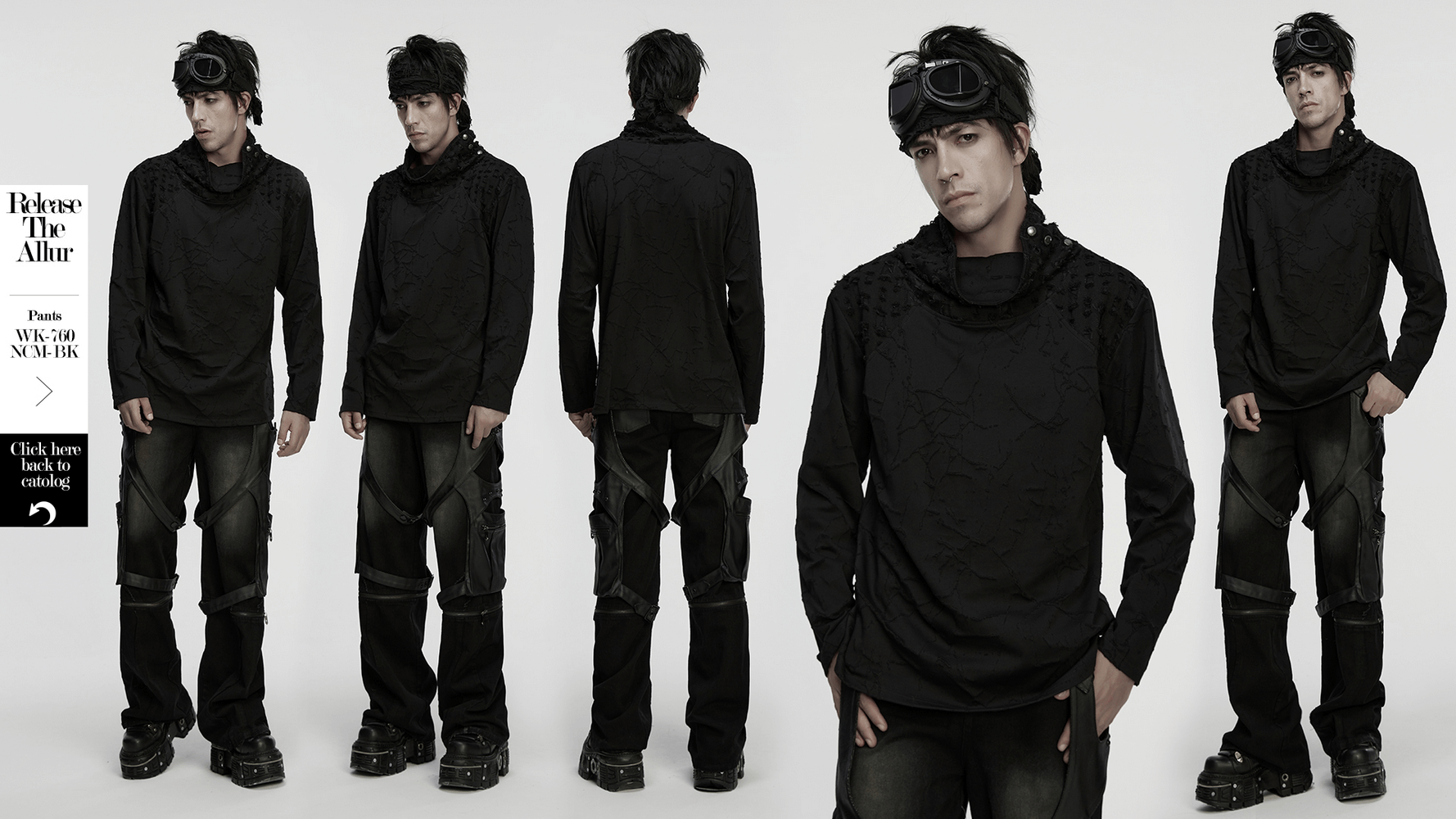 Black Burnout Knit Gothic Top with Stand Collar Design modeled by male in black baggy pants and goggles.