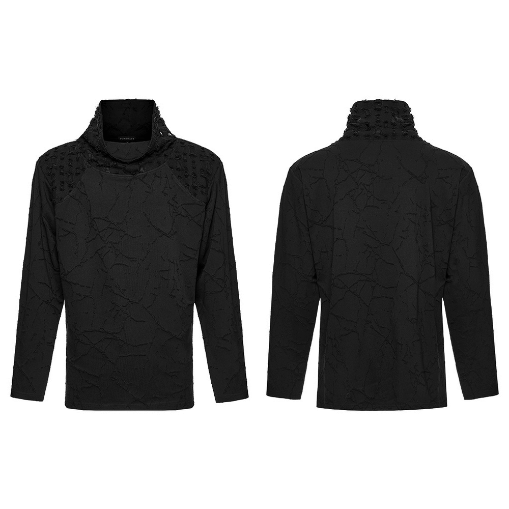 Black Burnout Knit Gothic Top with Stand Collar Design featuring distressed texture and snap collar.