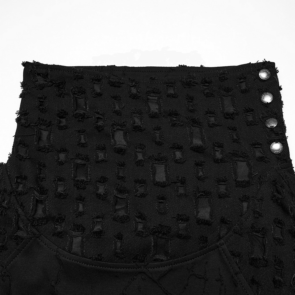 Black Burnout Knit Gothic Top with Stand Collar Design featuring distressed texture and snap-button collar.