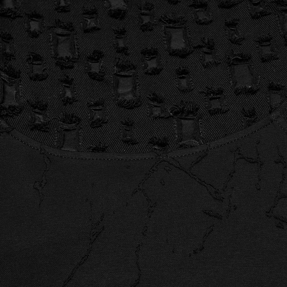 Black Burnout Knit Gothic Top with Stand Collar Design featuring distressed burnt texture and unique square-hole fabric.