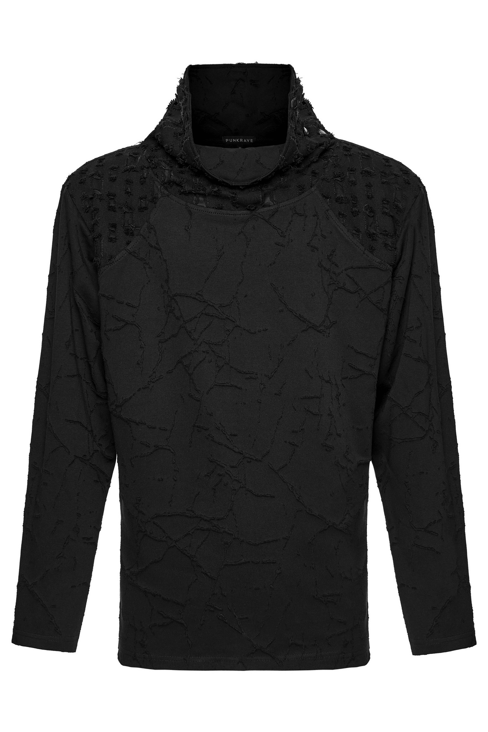 Black Burnout Knit Gothic Top with Stand Collar Design featuring a loose silhouette and distressed burnt texture.