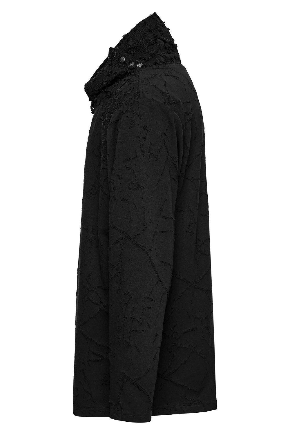 Black Burnout Knit Gothic Top with Stand Collar Design showcasing a unique texture and loose silhouette from the side.