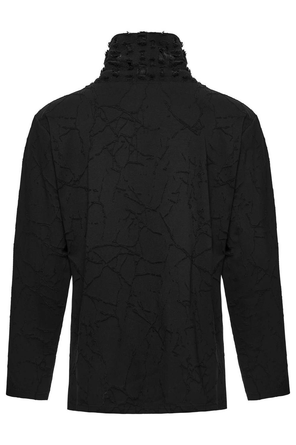 Back view of Black Burnout Knit Gothic Top with Stand Collar Design showcasing its distressed texture.