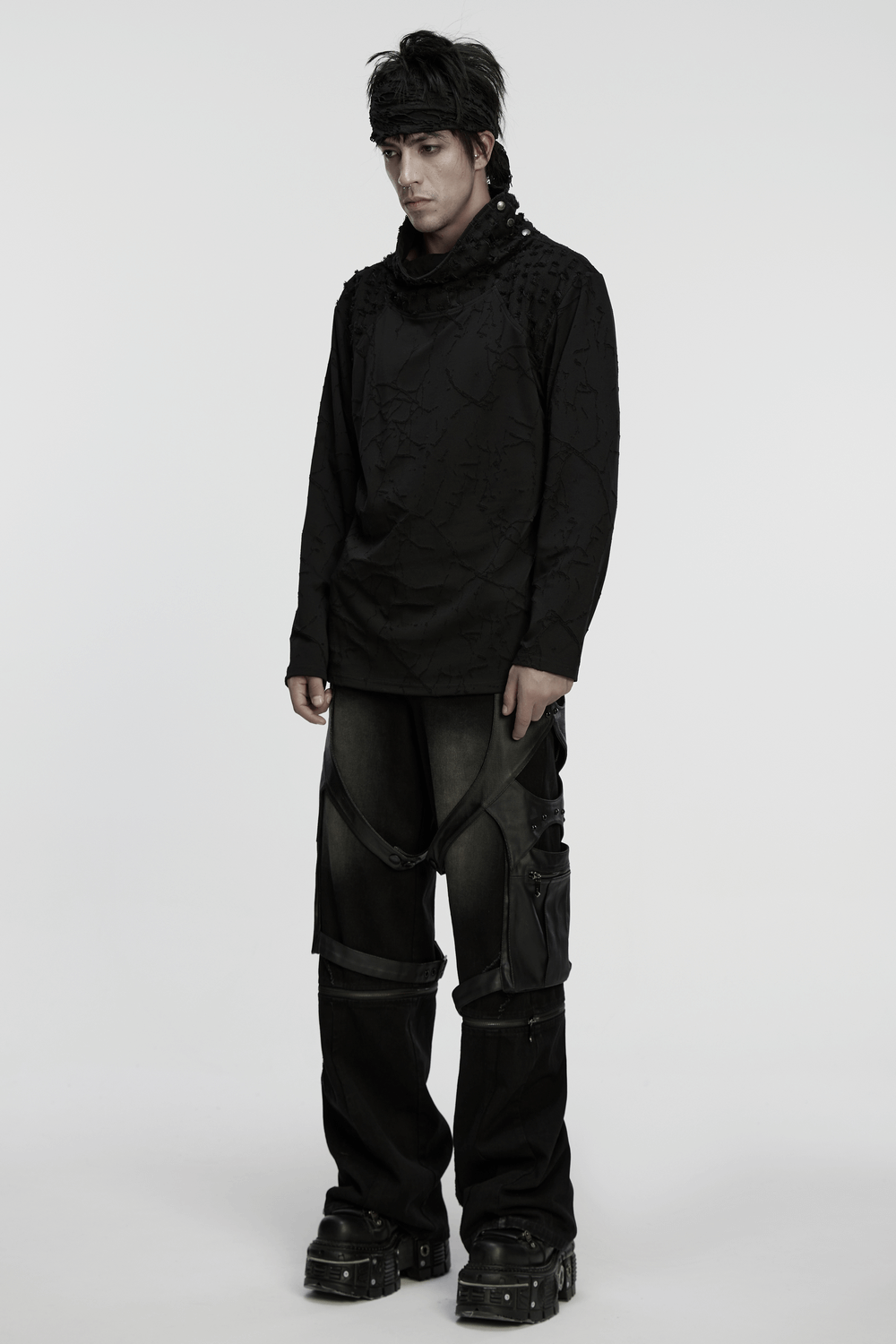 Black Burnout Knit Gothic Top with Stand Collar Design in edgy streetwear style.