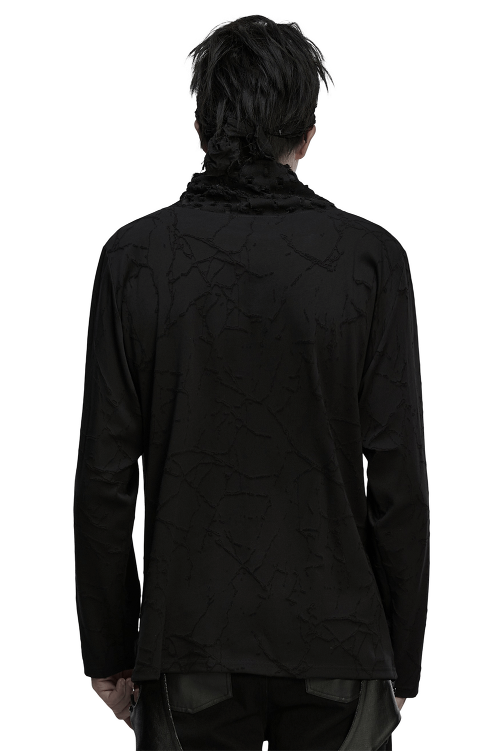 Black Burnout Knit Gothic Top with Stand Collar Design featuring a loose fit and distressed burnt texture from the back.