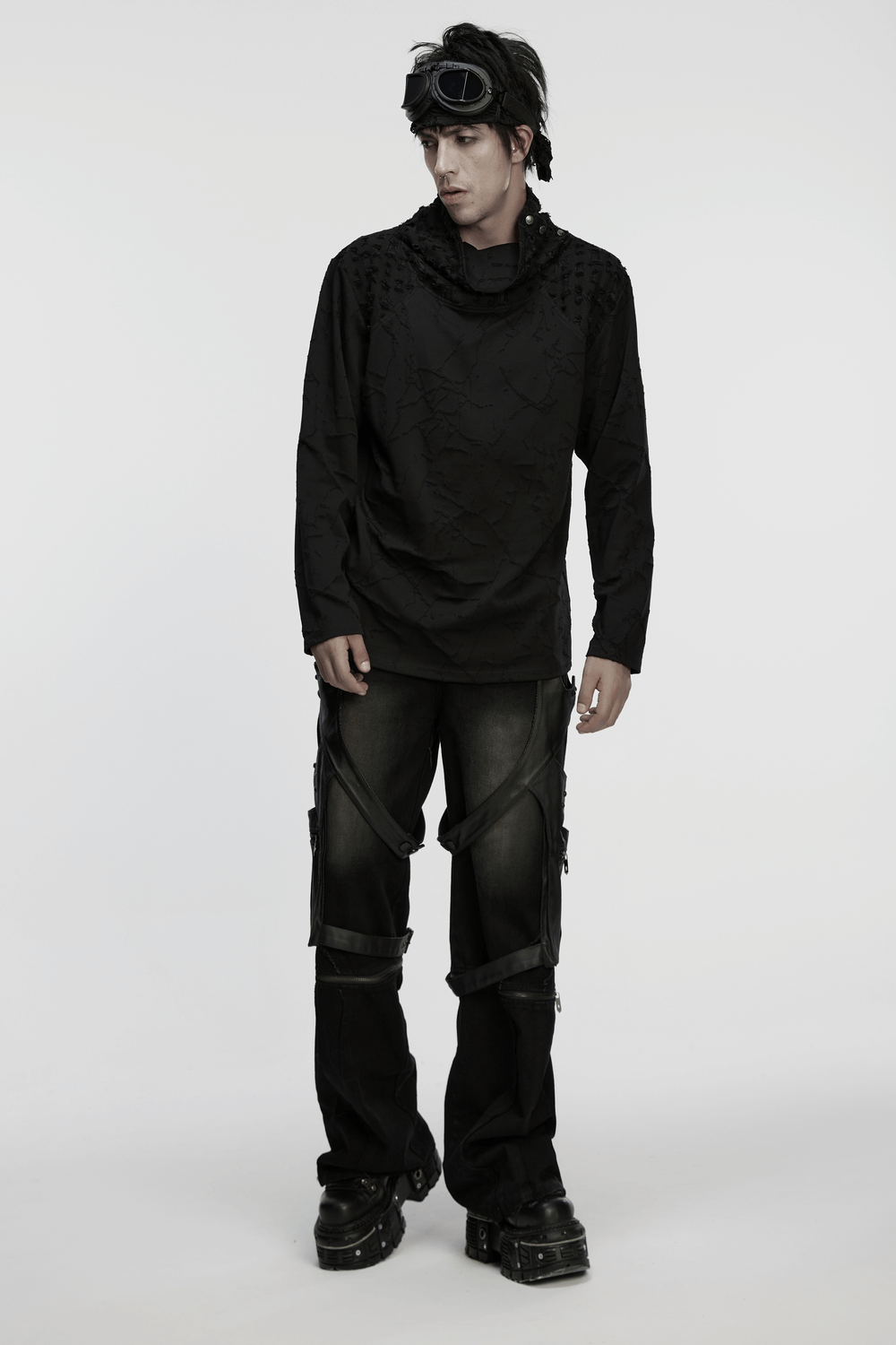 Black Burnout Knit Gothic Top with Stand Collar Design worn by model, showcasing cyberpunk streetwear style.