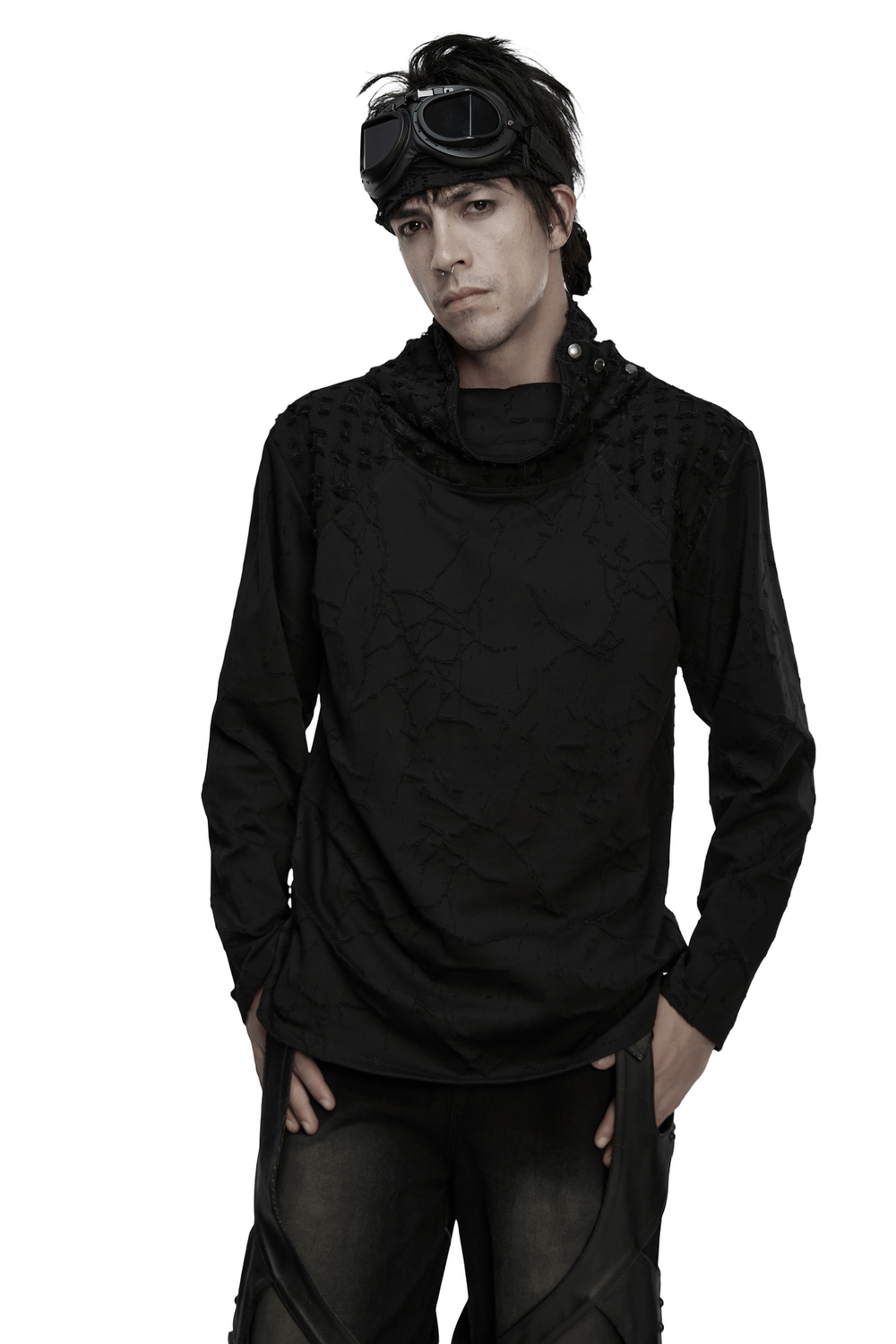 Black Burnout Knit Gothic Top with Stand Collar Design worn by model, featuring distressed texture and snap collar.