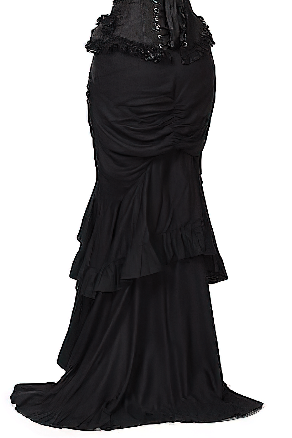 Elegant black gothic bustle skirt with ruffled layers and flattering silhouette, perfect for steampunk and evening wear.