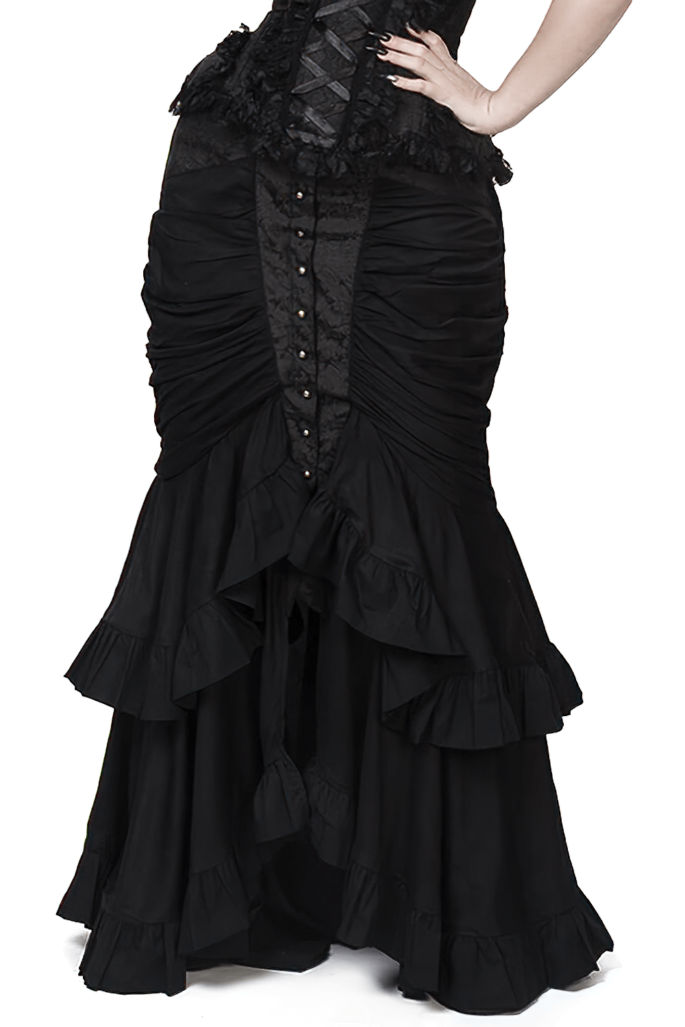 Elegant black gothic skirt with ruffled layers, dramatic bustle, and side zipper for a chic alternative look.