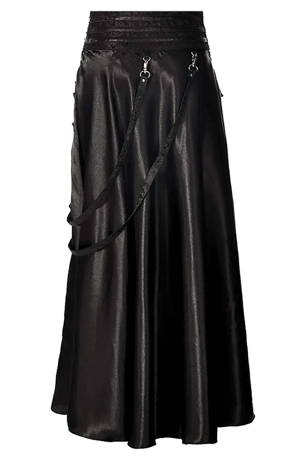 Alt Tag: Black Bustle Skirt with Ruched Victorian Maxi Look black steampunk high-waist maxi skirt with chain-trim waistband and draped hem