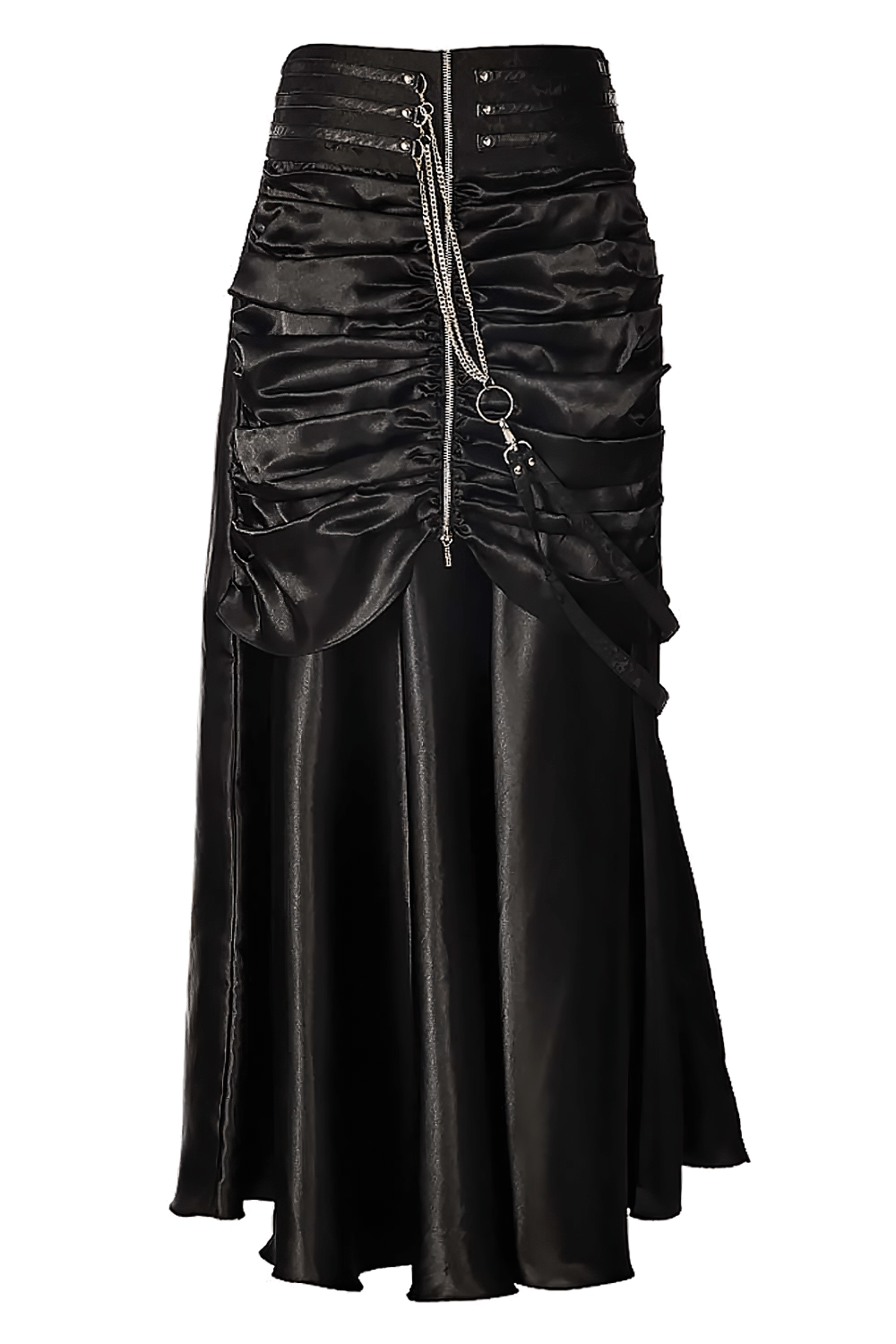 Alt Tag: Black Bustle Skirt with Ruched Victorian Maxi Look, black steampunk high-waist maxi skirt with ruched drape, zipper detail, chain trim