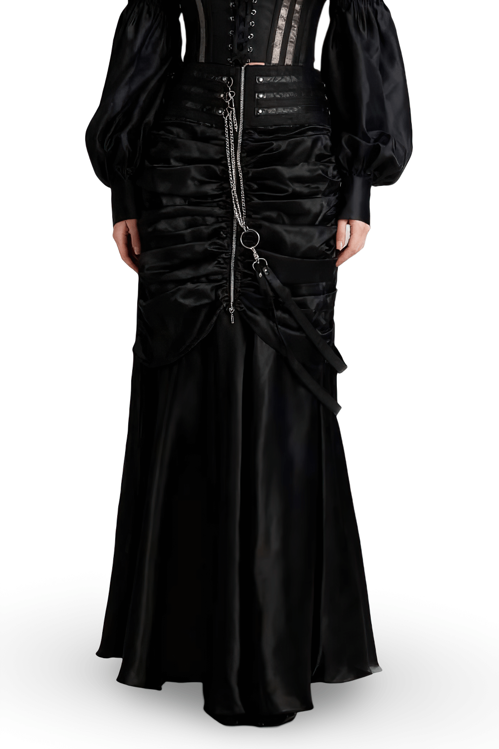 Alt Tag: Black Bustle Skirt with Ruched Victorian Maxi Look featuring ruched front drape, zipper detail, chain waistband, high-waist gothic maxi