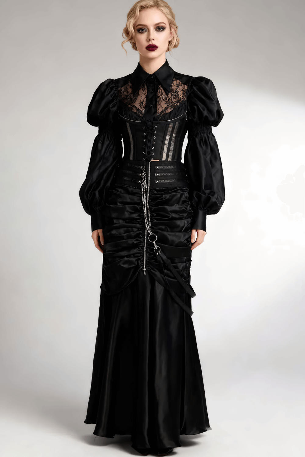Alt Tag: Black Bustle Skirt with Ruched Victorian Maxi Look with corset zipper ruching, chain-trim waist, dramatic gothic silhouette