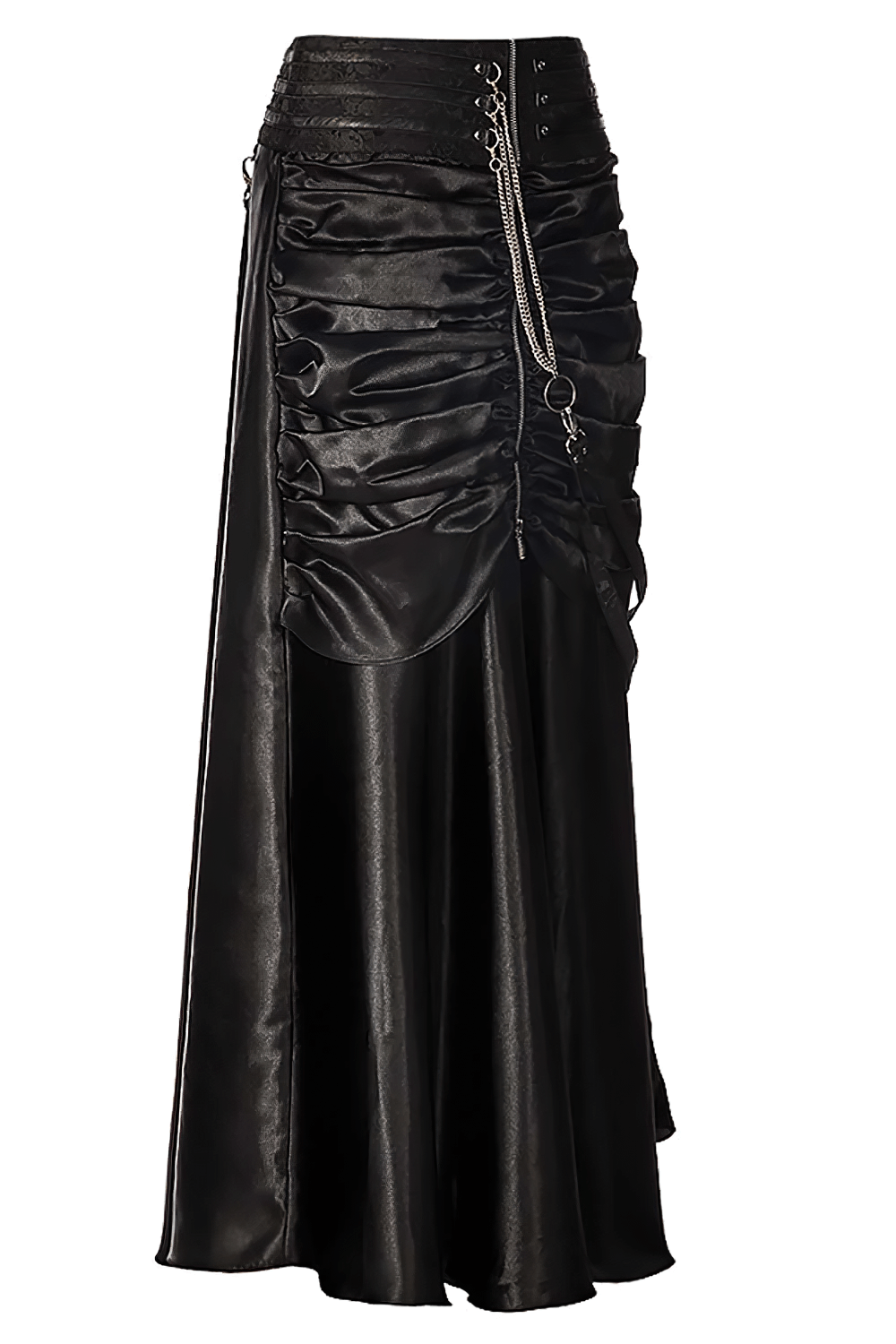 Alt Tag: Black Bustle Skirt with Ruched Victorian Maxi Look black steampunk high-waist maxi skirt with ruched drape and chain-trim waistband