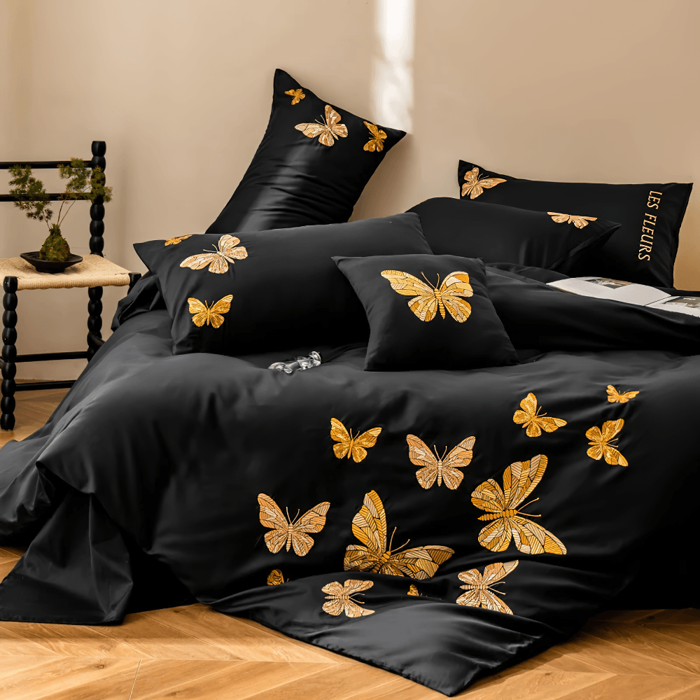 Black Butterfly Embroidered Egyptian Cotton Bedding Set with elegant golden butterfly embroidery.