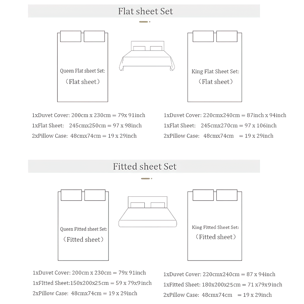 Flat and fitted sheet size guide for Black Butterfly Embroidered Egyptian Cotton Bedding Set.