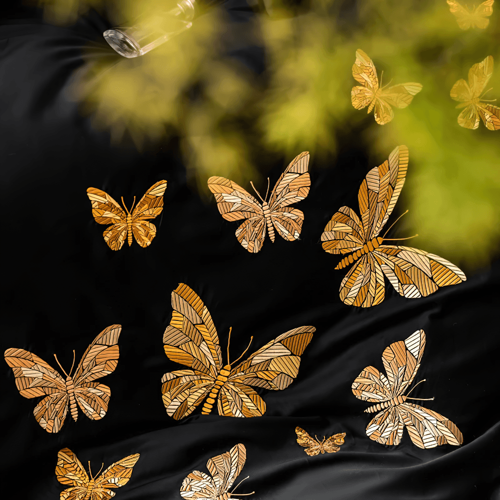 Black Butterfly Embroidered Egyptian Cotton Bedding Set featuring golden butterfly designs on a luxurious black background.
