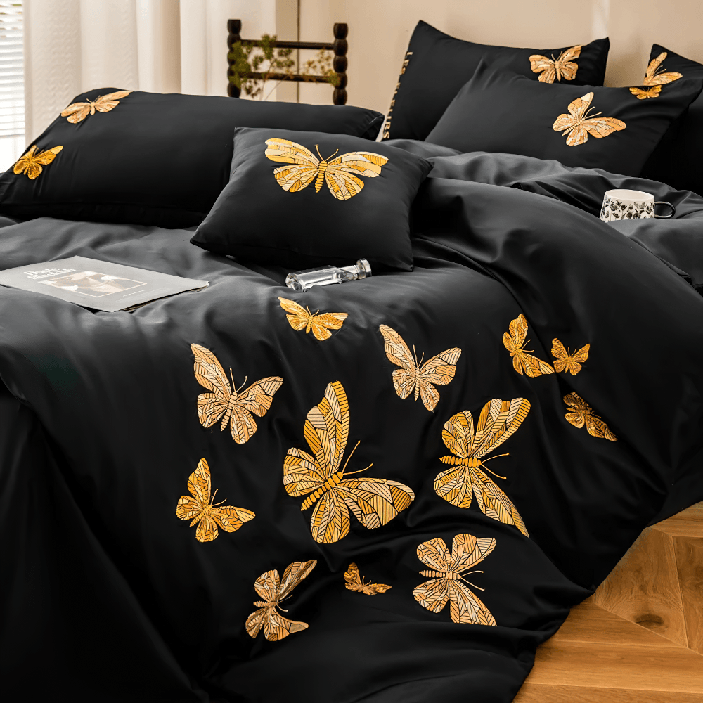 Black Butterfly Embroidered Egyptian Cotton Bedding Set showcasing luxurious golden butterfly designs.