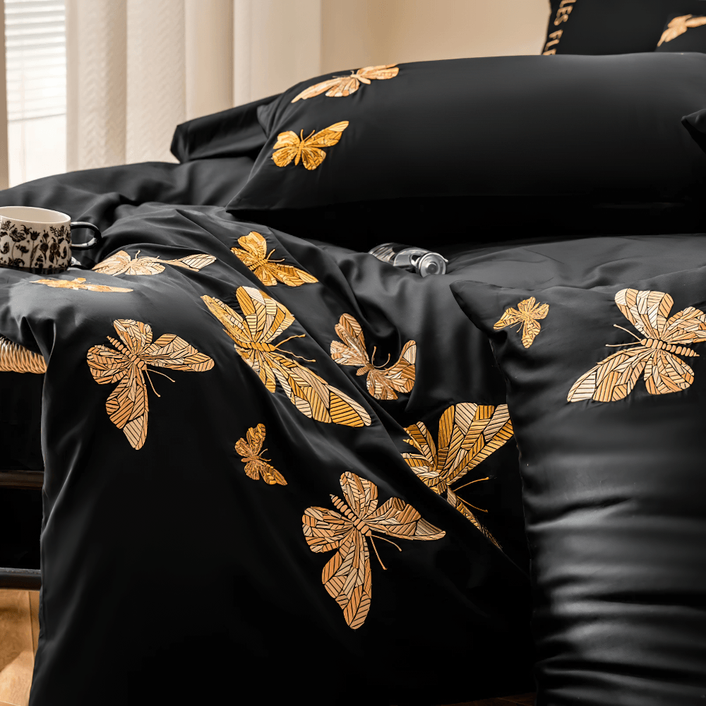 Black Butterfly Embroidered Egyptian Cotton Bedding Set featuring golden butterfly designs for luxurious bedroom decor.